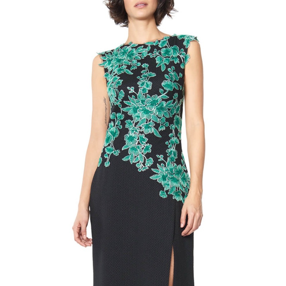 Cero Tadashi Shoji Gown Black Maxi Dress with Green Floral Design